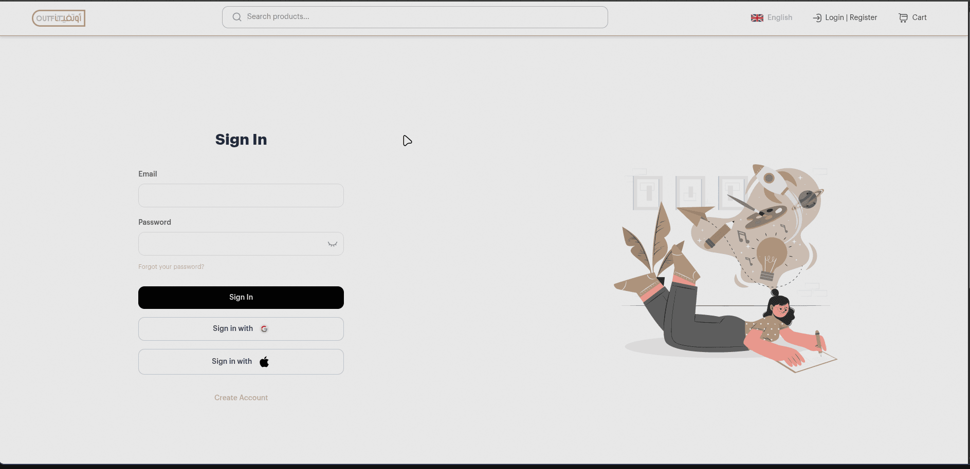 Outfits e-commerce sign-in page