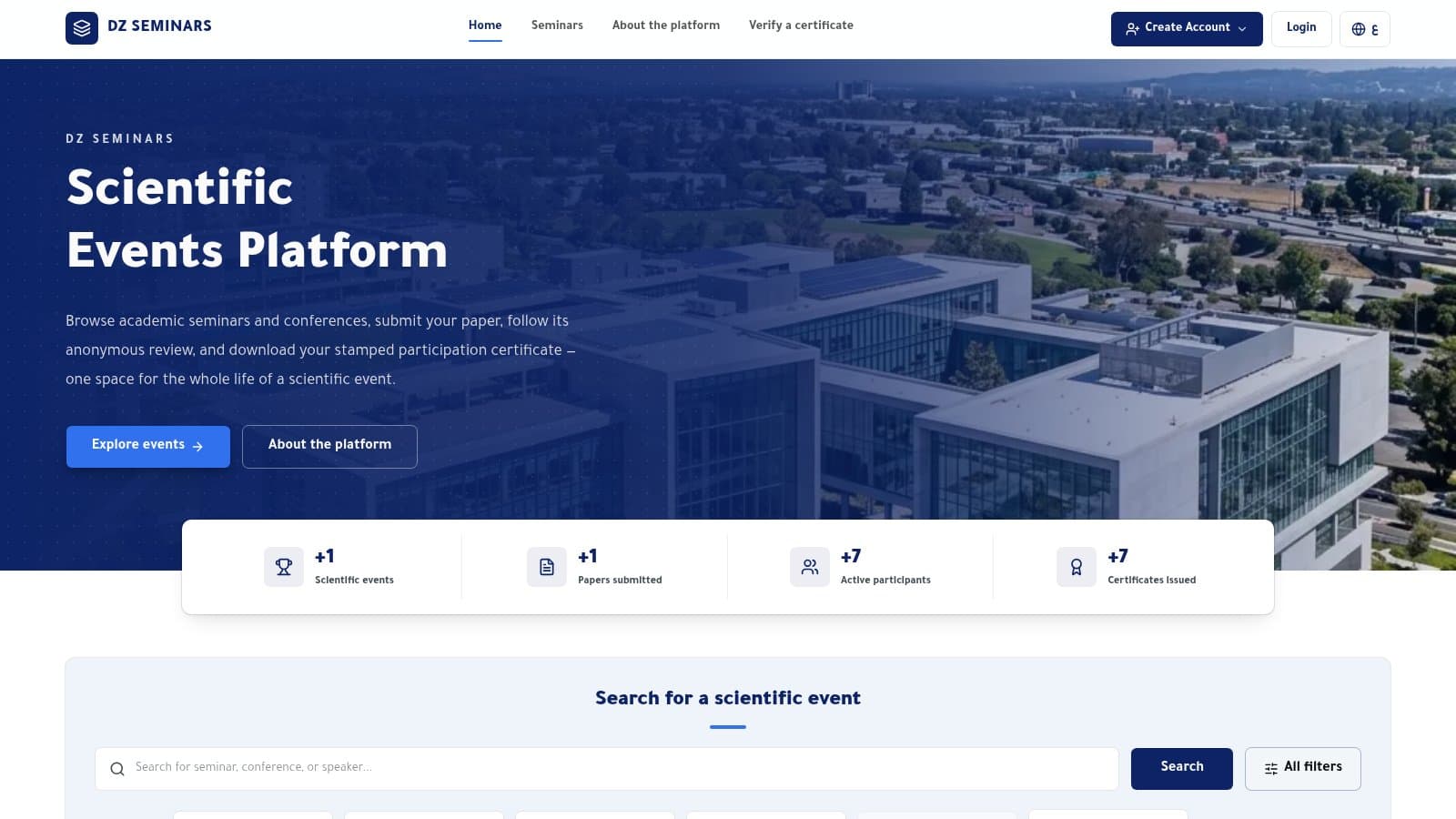 dzSeminars scientific events platform homepage